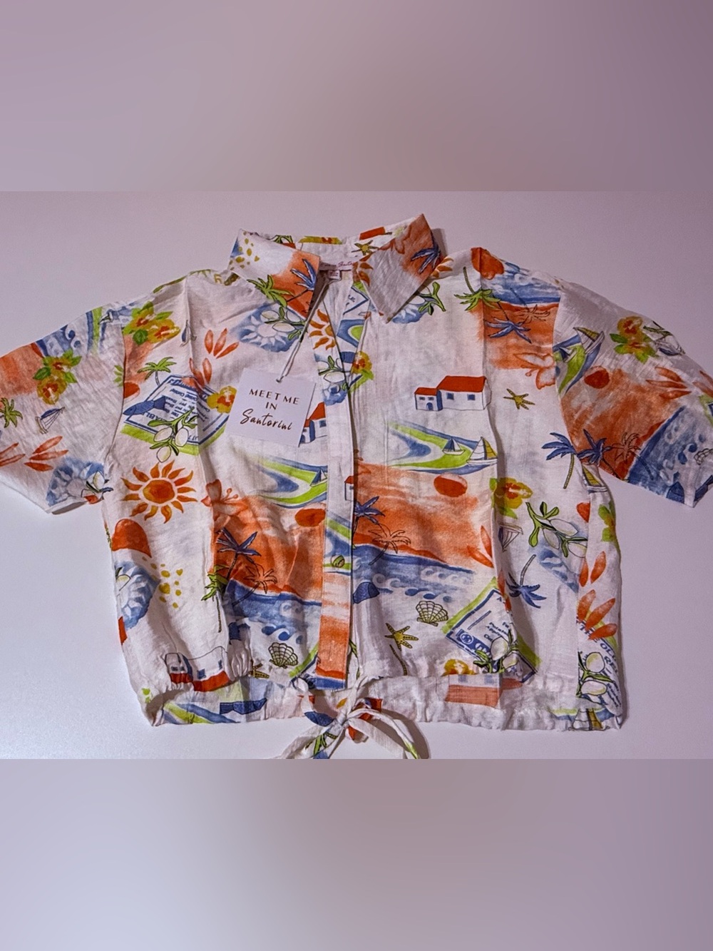 NWT Meet Me in Santorini Tropical Print Tie-Hem Button Shirt